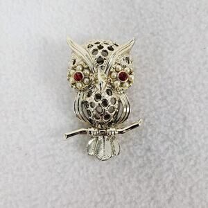 Vintage Gerry’s Owl Brooch Pin Red Rhinestones Faux Pearls Silver Tone Openwork